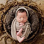 newborn, baby, sleeping, basket, blanket, knit, wrapped, cozy, soft, infant, peaceful, resting, wooden_floor, brown, beige, texture, cute, portrait, headwear, fingers