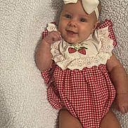 Ivy Mae joined the competition — help win amazing prizes! baby, infant, smiling, headband, bow, red_and_white, gingham, dress, strawberry, embroidered, white_blanket, soft_texture, cute, happy, fist, lying_down, sock, footwear, indoors, portrait