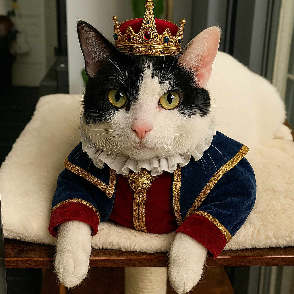 Tokyo a rejoint le concours — aidez-le/la à gagner de superbes lots ! cat, black_and_white_cat, crown, costume, royal_outfit, pet, animal, indoor, feline, plush_surface, collar, portrait, close_up, cute, majestic, resting, domestic_cat, fur, whiskers, eyes