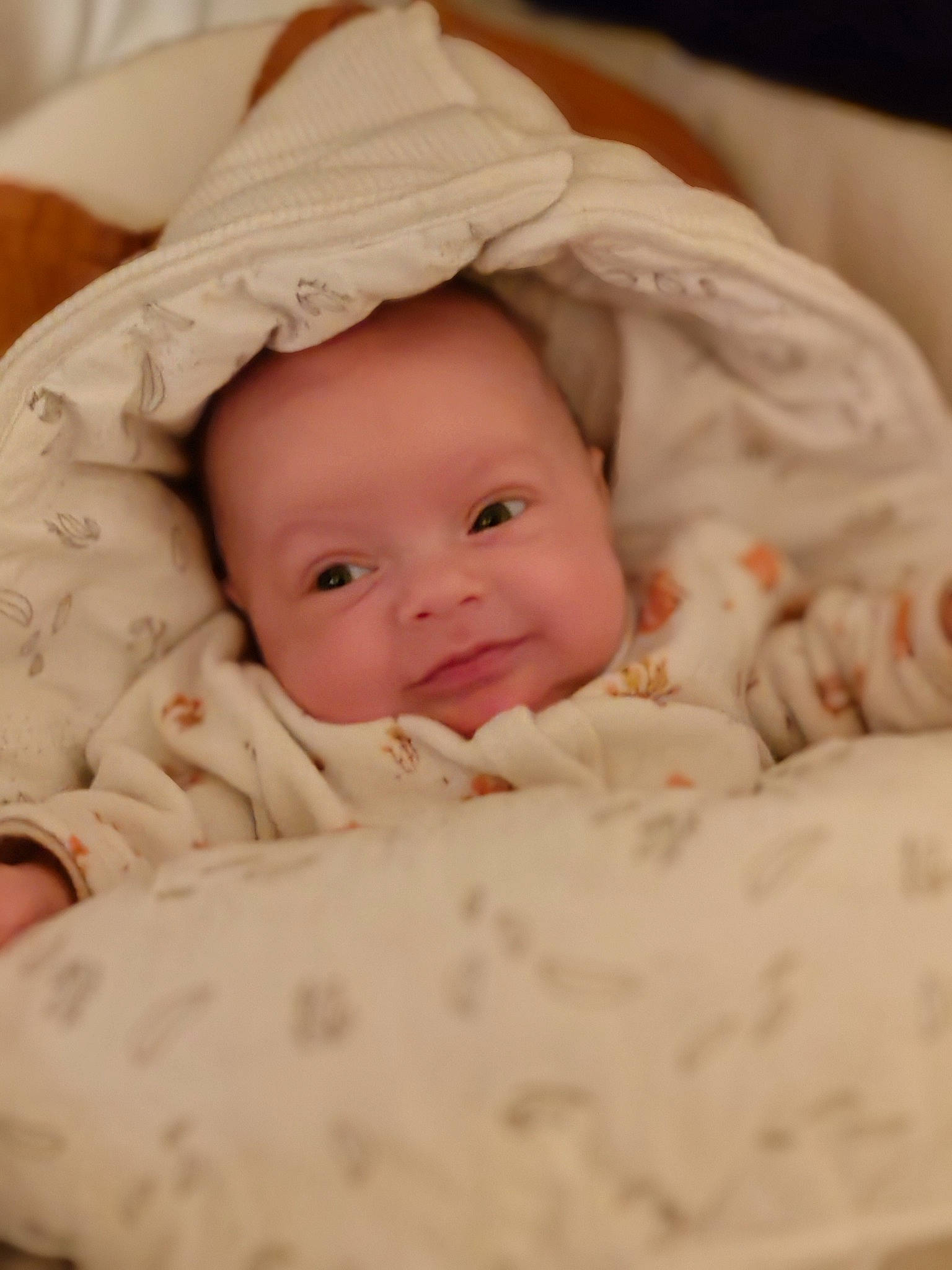 Albane participe au concours pour gagner de l'argent avec cette photo : baby, baby_toddler_clothing, cheek, child, chin, comfort, eye, fur, happy, head, linens, lip, nose, peach, person, portrait_photography, room, skin, sleeve, smile