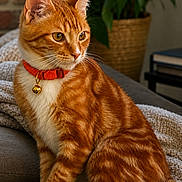 Cheetos is registered to the contest to win money with this photo: cat, orange_tabby, pet, collar, bell, red_collar, striped_fur, whiskers, ears, tail, sitting, couch, blanket, houseplant, brick_wall, indoor, living_room, portrait, animal, cozy