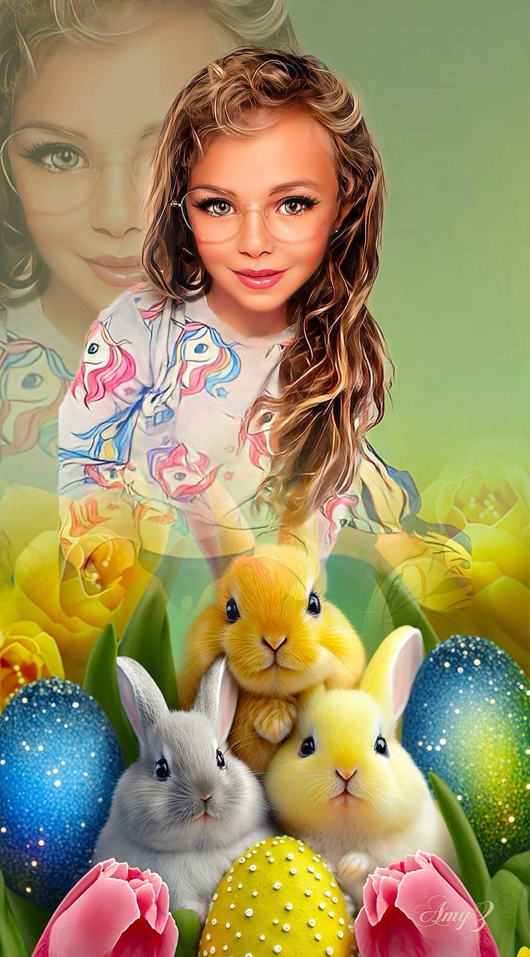 Azaria participe au concours pour gagner de l'argent avec cette photo : art, baby_toys, blond, brown_hair, easter, eyelash, fashion_design, hair, happy, joy, necklace, pattern, people, person, petal, photomontage, plush, rabbit, room, stuffed_toy