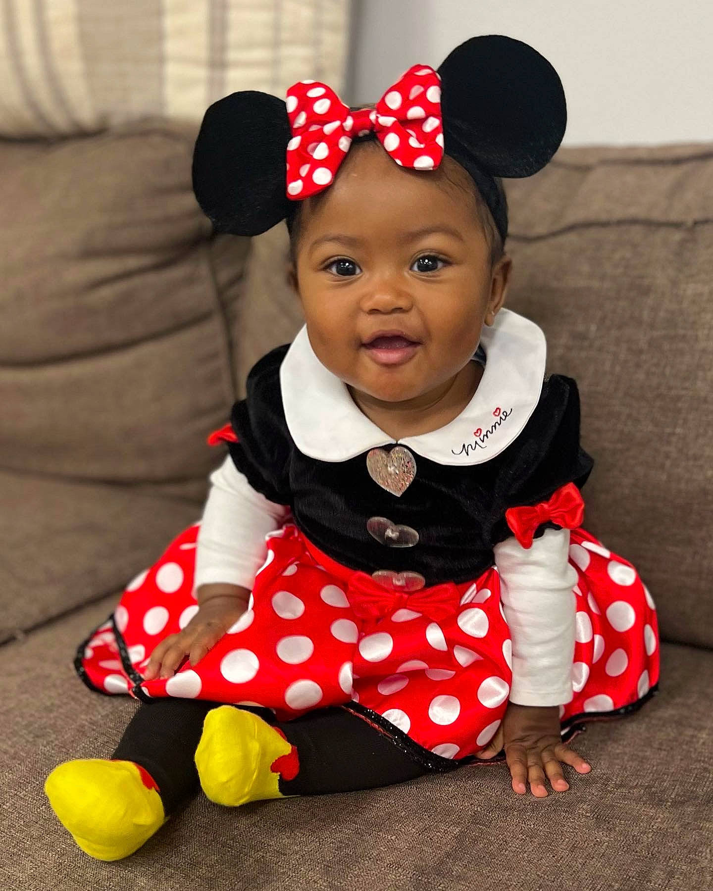 Briella joined the competition — help win amazing prizes! baby, baby_toddler_clothing, cap, child, collar, costume, costume_hat, dress, happy, hat, headband, magenta, orange, outerwear, pattern, person, pink, red, sleeve, toddler