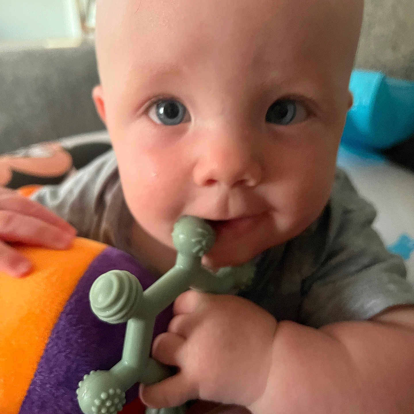 Hudson joined the competition — help win amazing prizes! baby, bodypart, brush, couch, cushion, cutlery, device, face, finger, furniture, hand, head, homedecor, newborn, person, photography, portrait, spoon, tool, toy