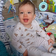 Lyzio participe au concours pour gagner de l'argent avec cette photo : child, toddler, baby, smile, teeth, pajamas, activity_gym, toy, play_mat, indoor, sitting, floor, plush_toy, colorful, mirror_toy, carpet, blanket, portrait, happy, infant