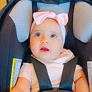 Neda joined the competition — help win amazing prizes! baby, child, infant, portrait, car_seat, safety_harness, pink_bow, headband, sitting, indoors, wide_eyed, curious, looking_at_camera, smiling, baby_clothing, pink_outfit, chair, seat_belt, close_up, safe