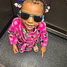 Isabella joined the competition — help win amazing prizes! child, sunglasses, pink_robe, polka_dot, cartoon_characters, hair_beads, smile, standing, floor, indoor, playful, person, footwear, tiles, colorful, portrait, fashion, cute, happy, casual