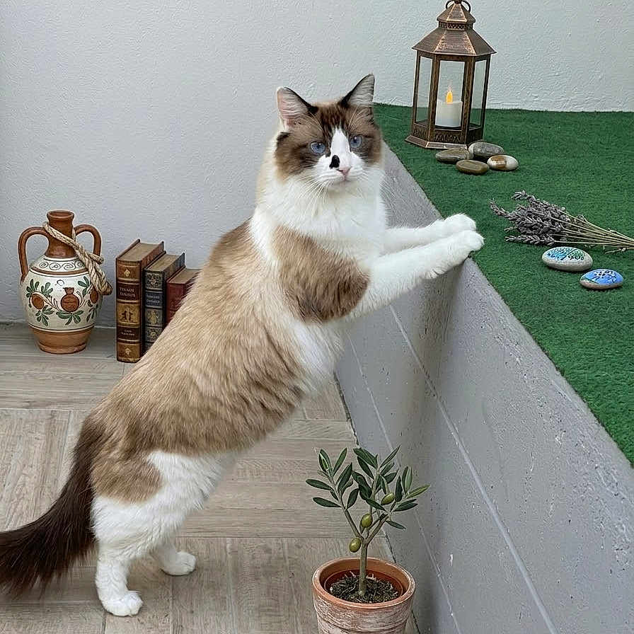 Timmy participe au concours pour gagner de l'argent avec cette photo : animal, blue_eyes, books, brown_fur, candle, cat, ceramic_jug, fluffy, home_decor, indoor, lantern, lavender, painted_stones, pet, portrait, potted_plant, ragdoll_cat, standing, white_fur, wood_floor