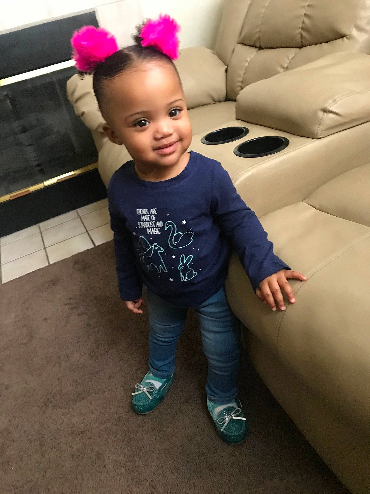 Jayde is registered to the contest to win money with this photo: arm, child, cool, joy, leg, person, pink, shoe, shoulder, sleeve, standing, t_shirt, toddler