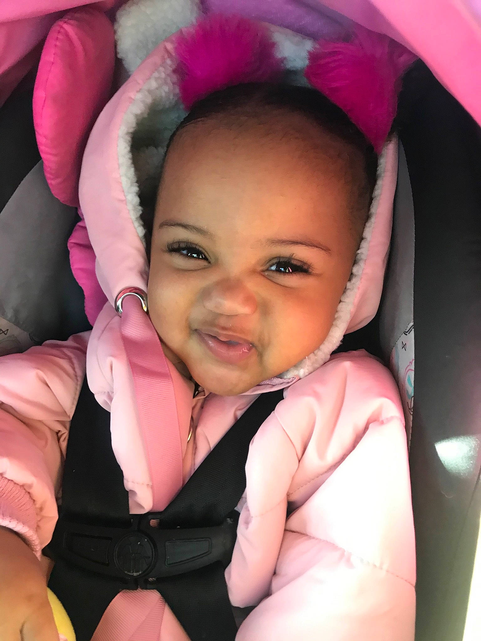 Jayde joined the competition — help win amazing prizes! baby, baby_in_car_seat, baby_products, black_hair, car_seat, cheek, child, ear, eye, face, finger, head, lip, magenta, person, pink, product, skin, smile, toddler