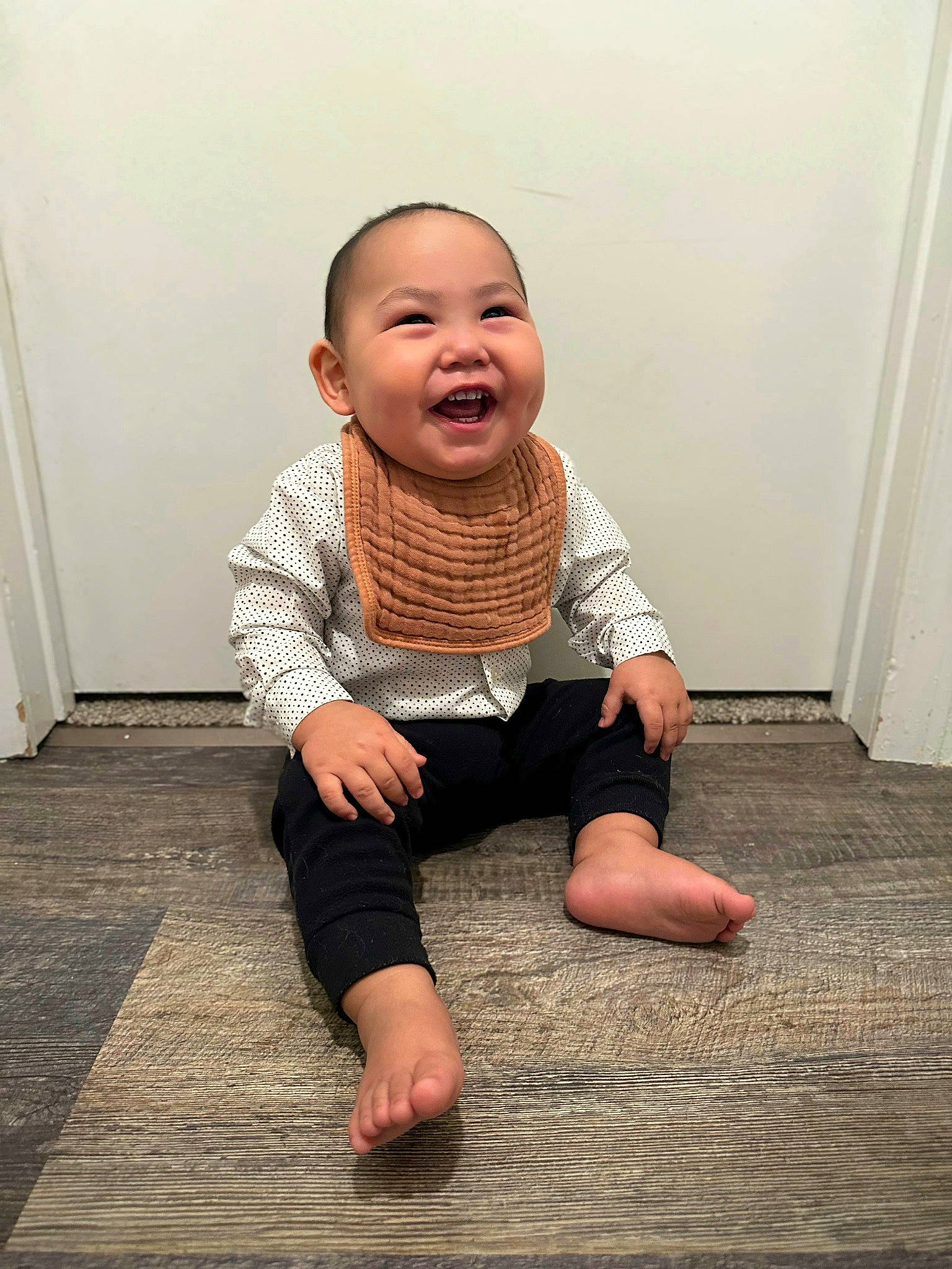 Xavier joined the competition — help win amazing prizes! baby, baby_toddler_clothing, barefoot, cheek, child, door, eye, flash_photography, floor, flooring, foot, fun, happy, hardwood, person, skin, sleeve, smile, t_shirt, toddler