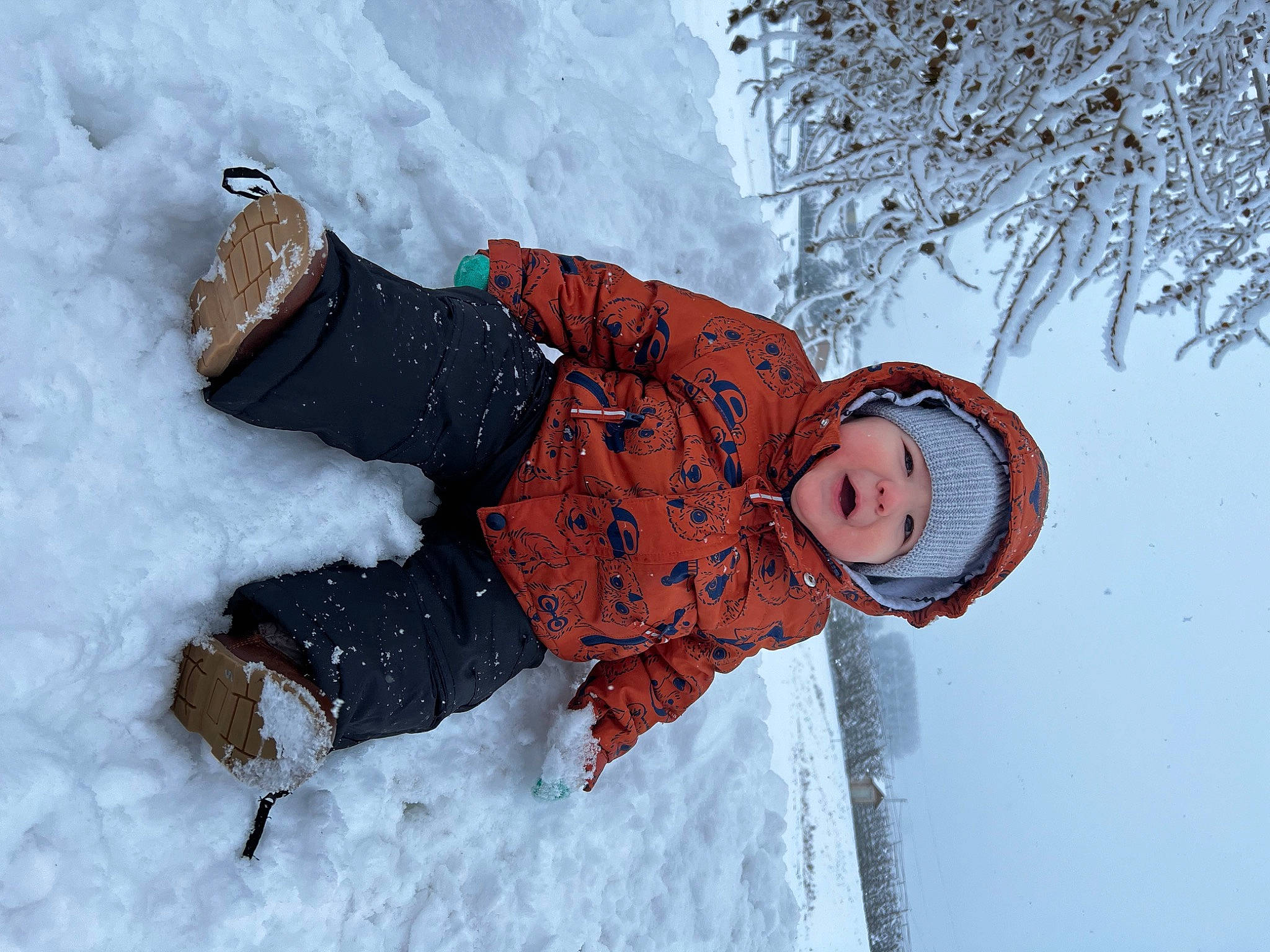 Kaiden joined the competition — help win amazing prizes! baby, baby_toddler_clothing, child, freezing, fun, happy, hat, headwear, leisure, people_in_nature, person, play, playing_in_the_snow, playing_with_kids, precipitation, recreation, sitting, slope, smile, snow