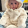baby, child, infant, fluffy_clothing, hooded_jacket, bear_ears, blue_blanket, indoors, cute, soft_texture, portrait, sitting, warm_clothing, face, eyes, expression, zipper, handwear, cozy, young_child