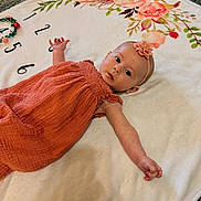 Briella is registered to the contest to win money with this photo: baby, infant, milestone_blanket, floral_pattern, headband, flower, orange_clothing, carpet, soft_texture, numbers, wreath, lying_down, cute, portrait, child, person, indoor, skin, face, expression
