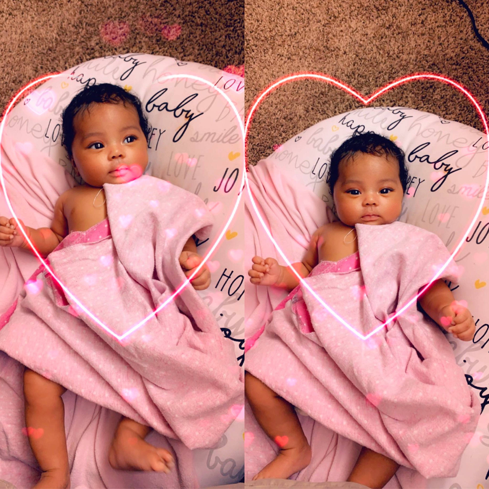 Honesty is registered to the contest to win money with this photo: baby, cheek, child, face, linens, outerwear, pattern, peach, person, pink, product, smile, textile, toddler