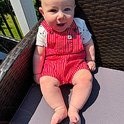 Parker is registered to the contest to win money with this photo: baby, child, smiling, outdoor, sunlight, red_overalls, white_shirt, star_pattern, chair, woven_chair, legs, feet, happy, cute, infant, summer, nature, greenery, portrait, seat