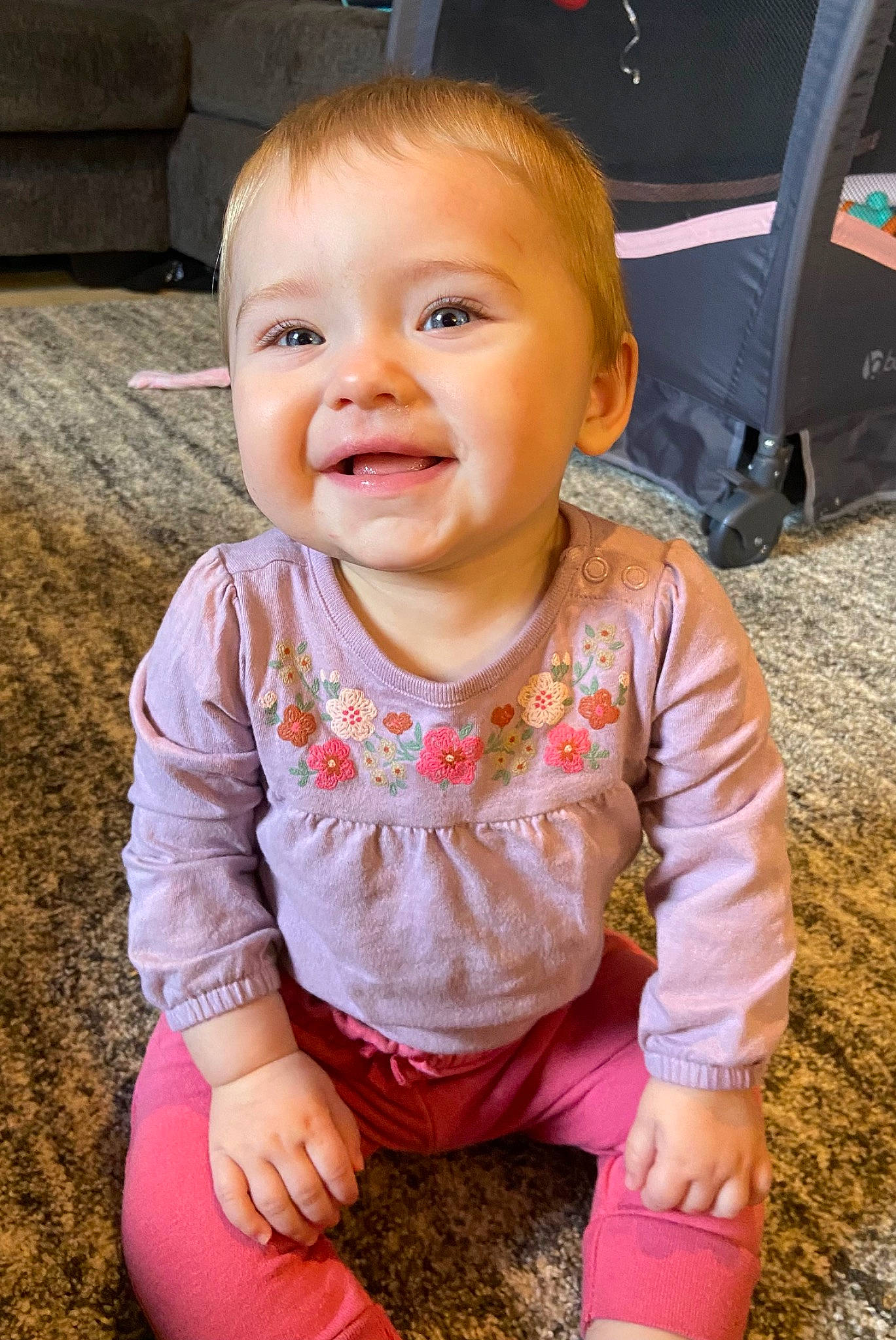 Esmae joined the competition — help win amazing prizes! baby, baby_toddler_clothing, beauty, cheek, child, clothing, facial_expression, fun, grass, hairstyle, happy, head, iris, joy, lip, person, pink, skin, sleeve, smile