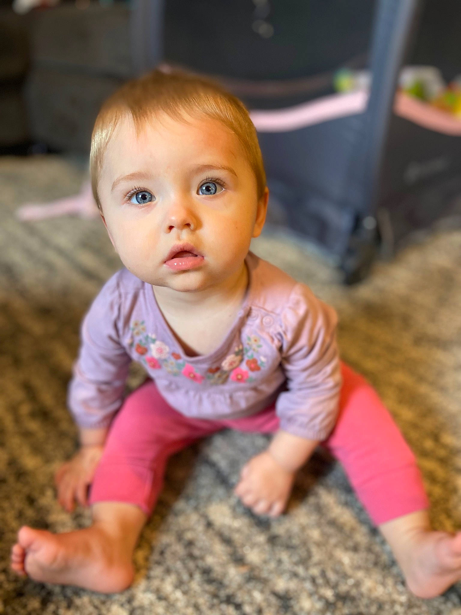 Esmae joined the competition — help win amazing prizes! baby, baby_toddler_clothing, cheek, chin, crawling, eye, floor, flooring, fun, grass, happy, hardwood, head, nose, person, skin, sleeve, smile, t_shirt, toddler