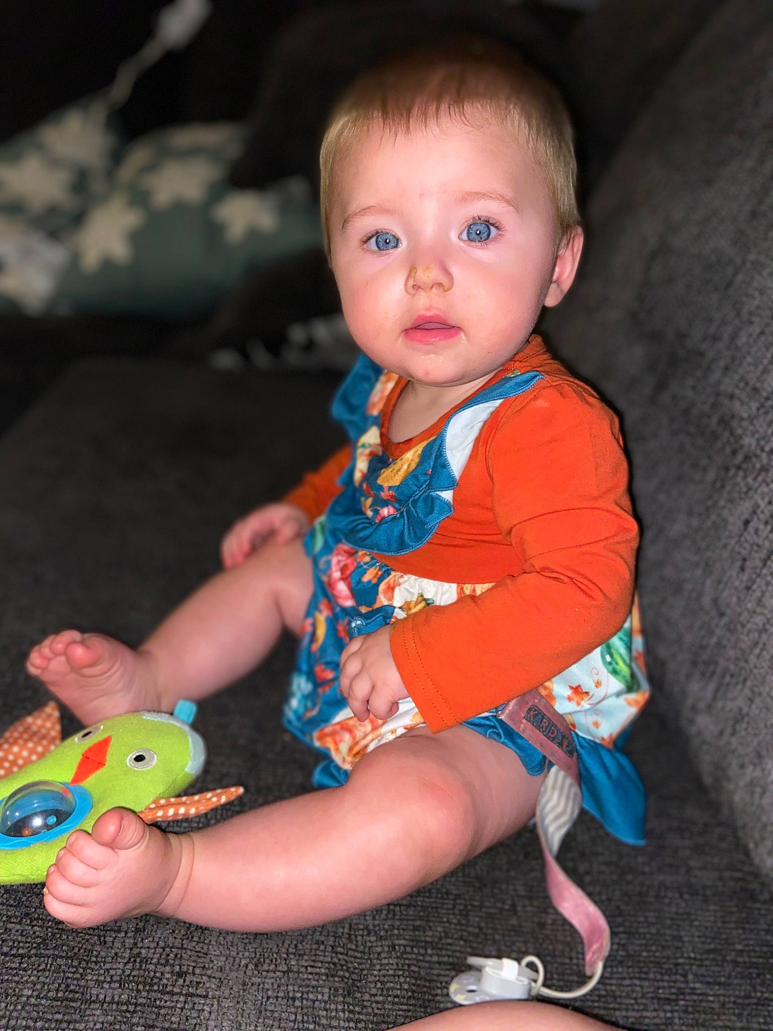 Esmae joined the competition — help win amazing prizes! baby, baby_toddler_clothing, cheek, child, dress, electric_blue, finger, fun, grass, happy, iris, nose, organ, person, sitting, skin, sleeve, standing, t_shirt, toddler