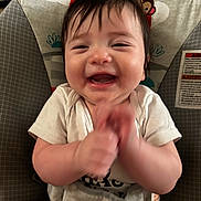 Shane joined the competition — help win amazing prizes! baby, smiling, happy, infant, clapping, baby_seat, cute, child, indoor, clothing, face, person, joy, cheerful, young, seat, playful, animal_print, sun_illustration, monkey_illustration