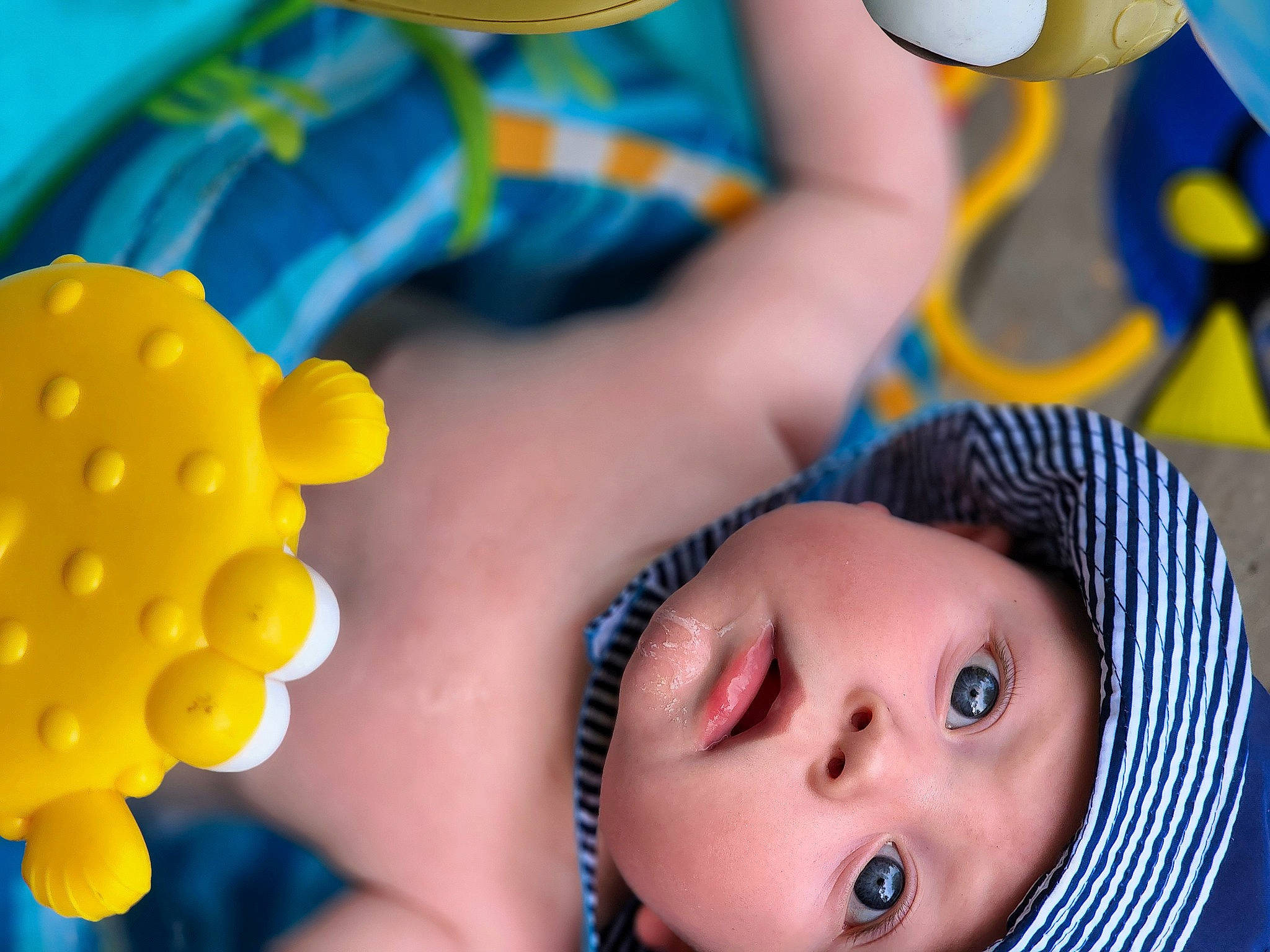Rowan is registered to the contest to win money with this photo: baby, black, blue, child, eye, eyelash, fun, happy, head, headwear, light, mouth, nose, orange, organ, person, photograph, skin, textile, toy