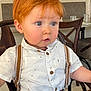 Maélyo participe au concours pour gagner de l'argent avec cette photo : blue_eyes, button_up_shirt, casual_clothing, child, curious_expression, cute, furniture, indoor, light_skin, maroon_pants, person, portrait, red_hair, seated, suspenders, table, toddler, white_shirt, wooden_chair, young_child