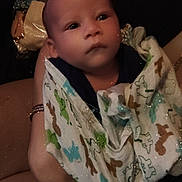 Jaquaruis is registered to the contest to win money with this photo: baby, infant, blanket, animal_print, wrapped, human, child, newborn, face, eyes, hand, skin, person, caring, comfort, soft, cute, resting, indoors, warm