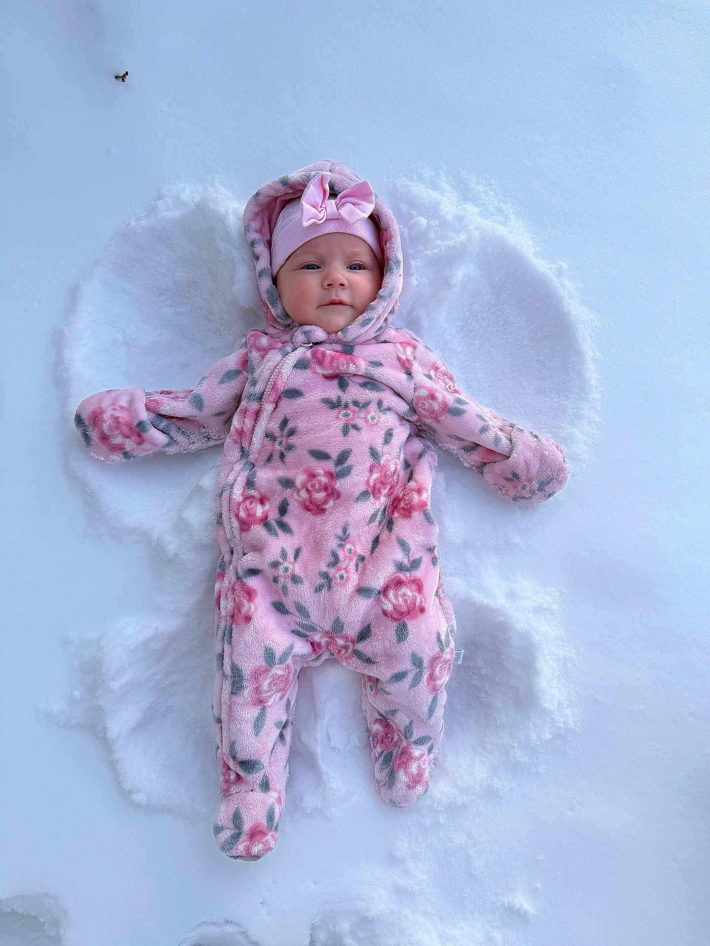 Parker joined the competition — help win amazing prizes! baby, snow, snow_angel, pink_snowsuit, floral_pattern, hood, hat, cold_weather, winter, outdoor, infant, face, cute, lying_down, frost, child, warm_clothing, footwear, nature, play