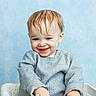 baby, basket, blue_background, casual, child, clothing, cute, expression, face, happy, indoor, light_skin, long_sleeve, portrait, sitting, small_hands, smiling, toddler, wet_hair, young