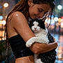affection, animal, black_top, cat, city_lights, embrace, jeans, long_hair, love, moisture, night, outdoor, pet, portrait, rain, smile, urban, wet, wet_fur, woman