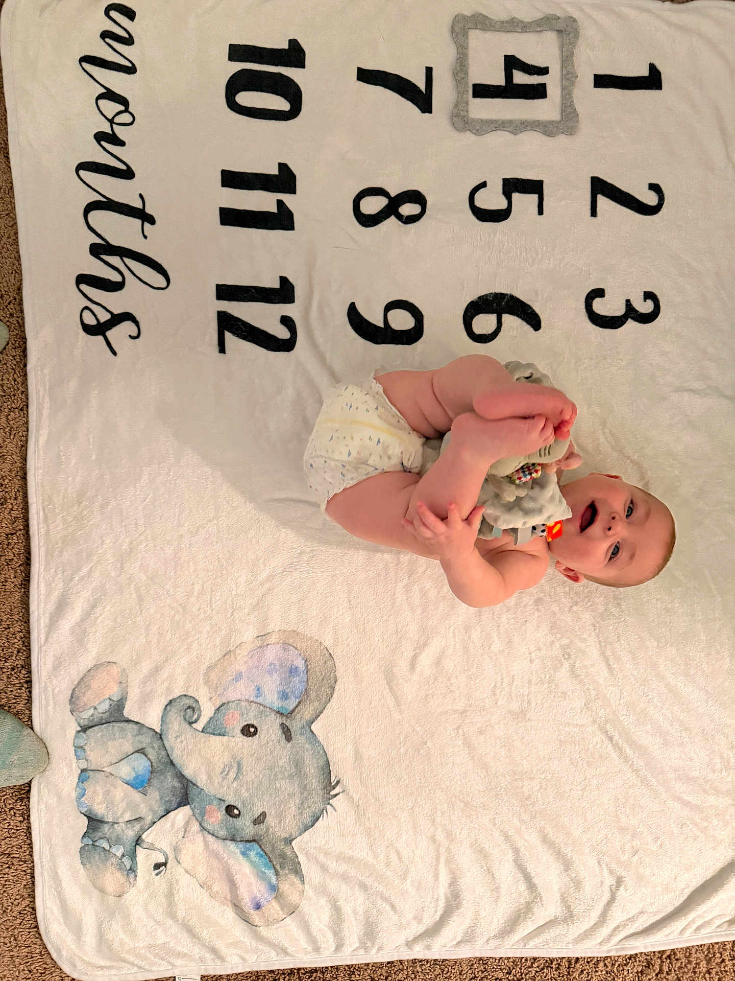 Malakai joined the competition — help win amazing prizes! baby, diaper, milestone_blanket, numbers, elephant, carpet, infant, cute, smiling, child, floor, toy, playful, happy, skin, feet, hand, lying, indoors, celebration