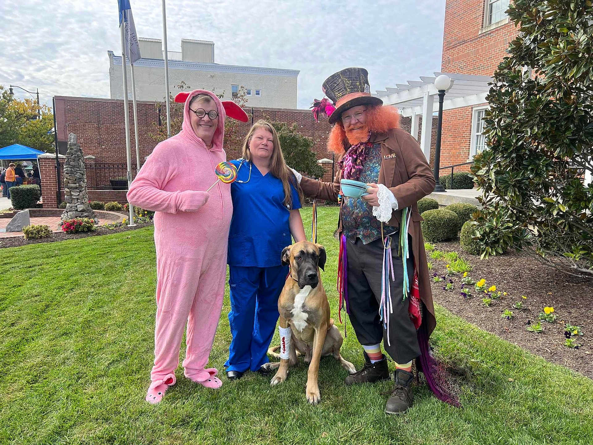 Samson joined the competition — help win amazing prizes! group, outdoor, grass, costume, dog, person, lollipop, blue_scrubs, pink_bunny, mad_hatter, hat, orange_hair, bandage, smile, building, tree, flower_bed, shoes, grass_lawn, festive