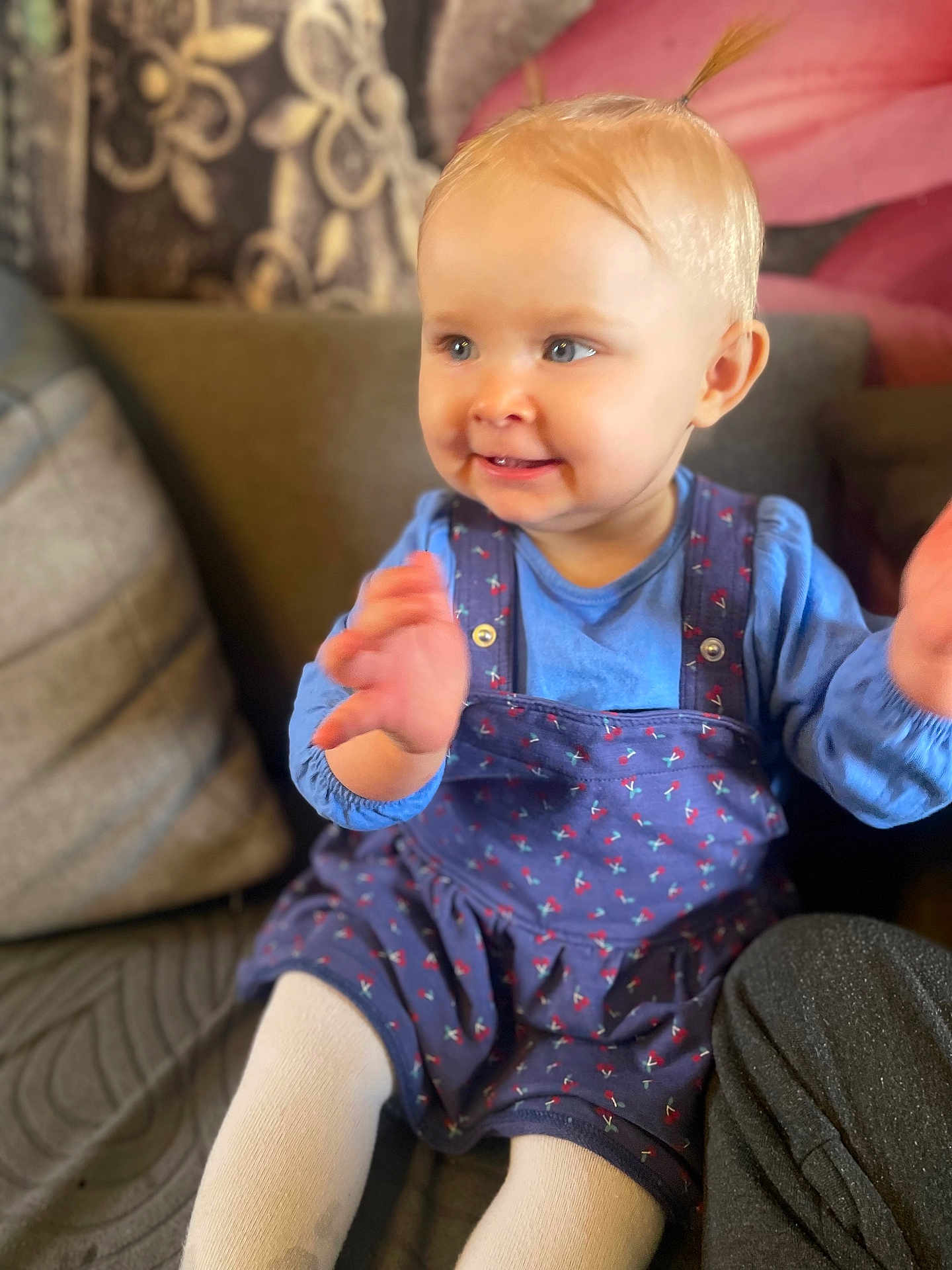 Luna a rejoint le concours — aidez-le/la à gagner de superbes lots ! toddler, child, smiling, clapping, blue_dress, white_tights, pony_tail, indoor, couch, cushion, happy, person, baby, seat, home, portrait, cute, young_child, sitting, fabric