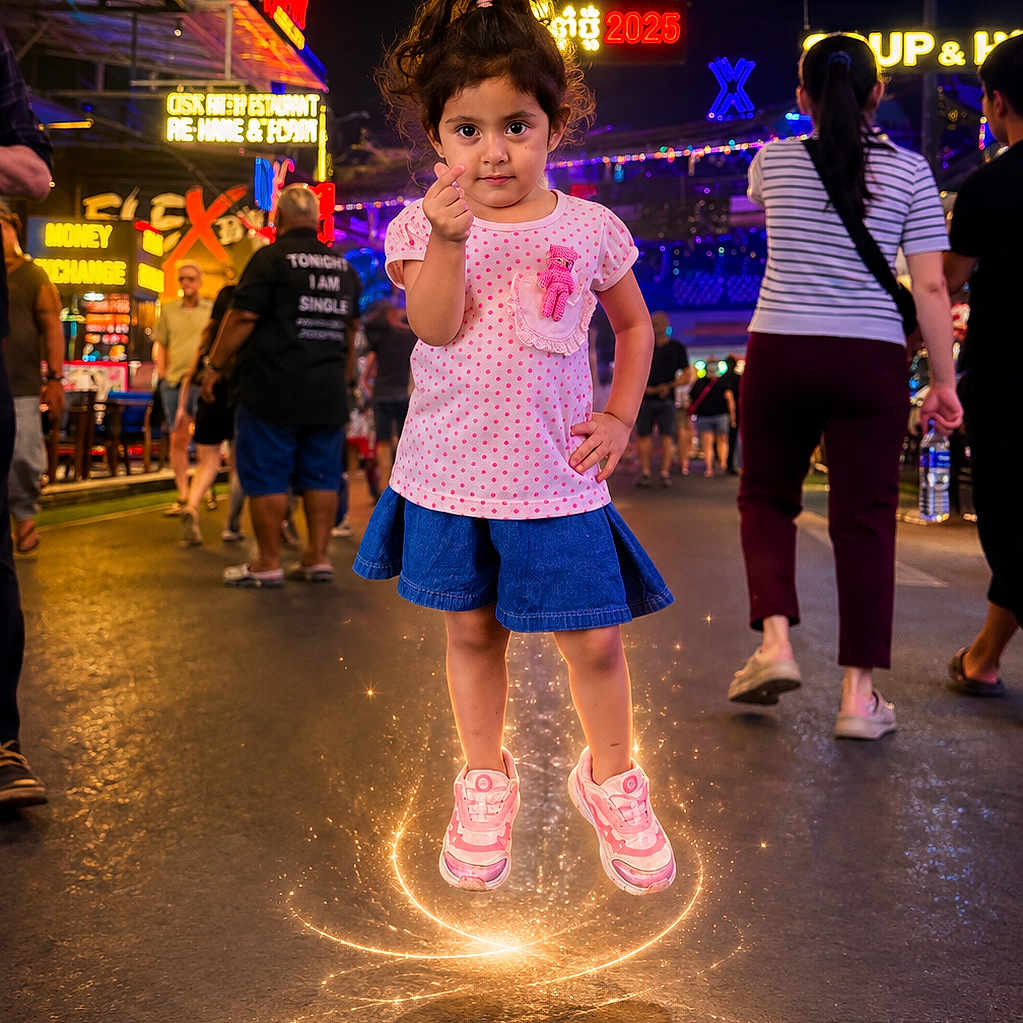 Jasmine Kaur is registered to the contest to win money with this photo: child, girl, portrait, standing, night, neon_lights, festive, outdoor, entertainment_venue, crowd, street, colorful, smiling, fist_bump, pink_shirt, denim_skirt, sneakers, glowing_effect, reflection, city_lights