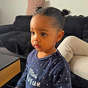 Daya participe au concours pour gagner de l'argent avec cette photo : toddler, child, girl, face, hair, ears, earrings, clothing, sweater, stars, indoor, living_room, couch, table, person, portrait, cute, young_child, expression, hairstyle