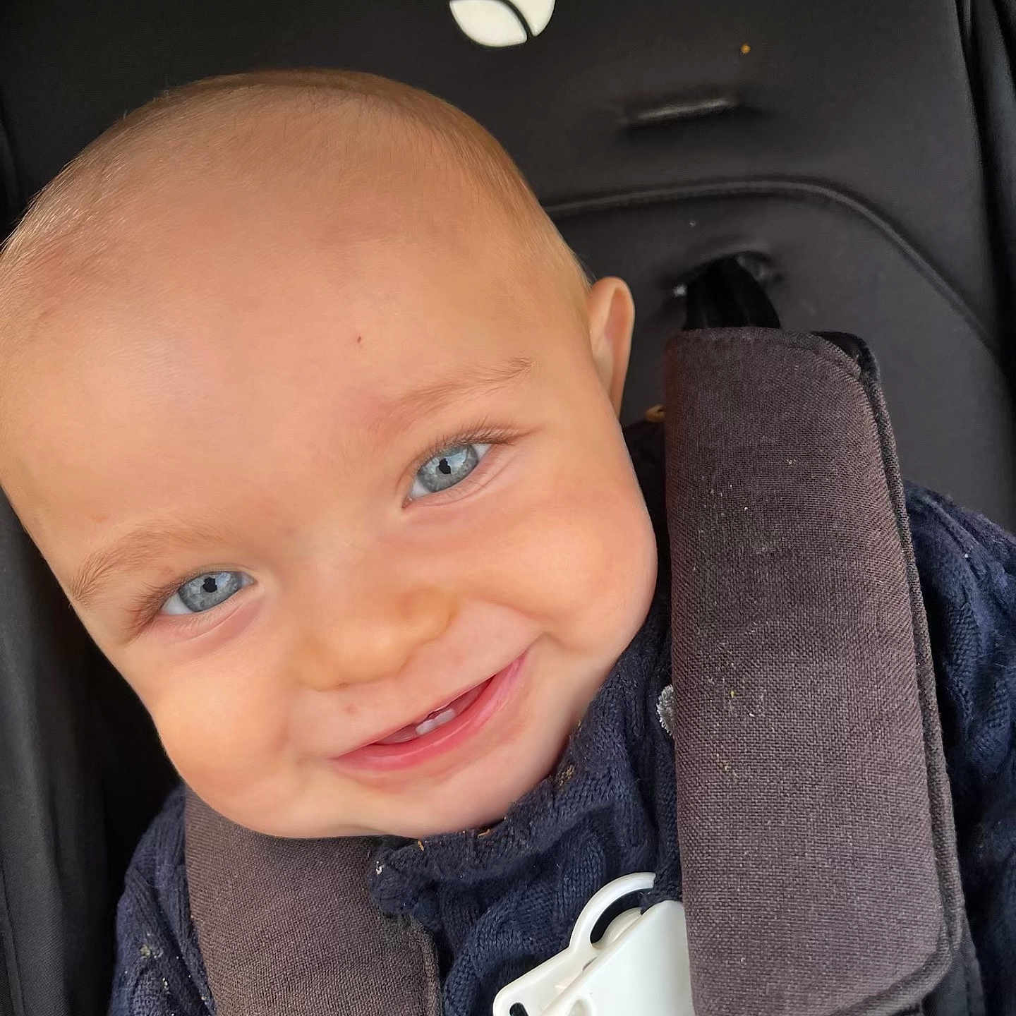 Gabriel a rejoint le concours — aidez-le/la à gagner de superbes lots ! baby, baby_boy, blue_eyes, car_seat, child, close_up, clothing, cute, face, happy, indoor, infant, person, portrait, safety_harness, seatbelt, sitting, smiling, sweater, young_child