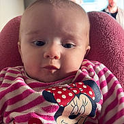Aliyah participe au concours pour gagner de l'argent avec cette photo : baby, infant, child, face, eyes, cheeks, minnie_mouse, cartoon, striped_clothing, pink, onesie, seat, blanket, indoor, portrait, close_up, television, adults_in_background, candid, cute