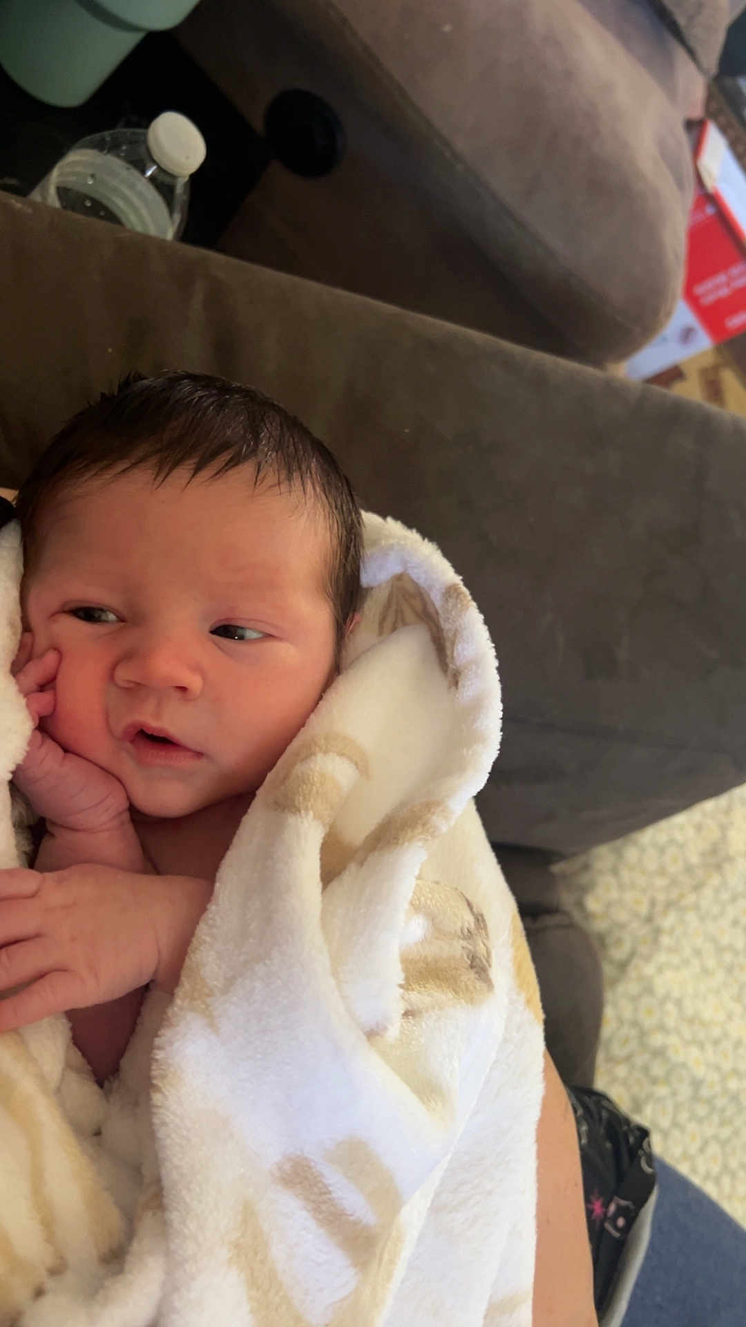 Easton is registered to the contest to win money with this photo: newborn, baby, blanket, brown_couch, infant, wrapped, soft_texture, curious_expression, hand_on_face, indoors, person, cute, small_hands, resting, cozy, young_child, portrait, comfort, warm, relaxed