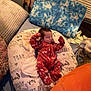 Easton is registered to the contest to win money with this photo: baby, newborn, sleeping, onesie, pillow, cushion, blanket, bed, indoor, cozy, child, infant, patterned_clothing, face, head, resting, soft_furniture, textile, comfort, peaceful