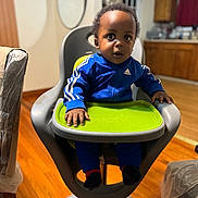 Alan is registered to the contest to win money with this photo: toddler, child, high_chair, blue_jacket, indoor, kitchen, wooden_floor, tray, curious, wide_eyes, plastic_chair, sitting, adidas, red_socks, furniture, person, young_child, home, portrait, casual_clothing