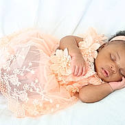 Myka joined the competition — help win amazing prizes! baby, sleeping, peach_dress, lace, headband, infant, soft_blanket, peaceful, cute, portrait, newborn, child, resting, indoors, adorable, toddler, sleep, closeup, delicate, calm