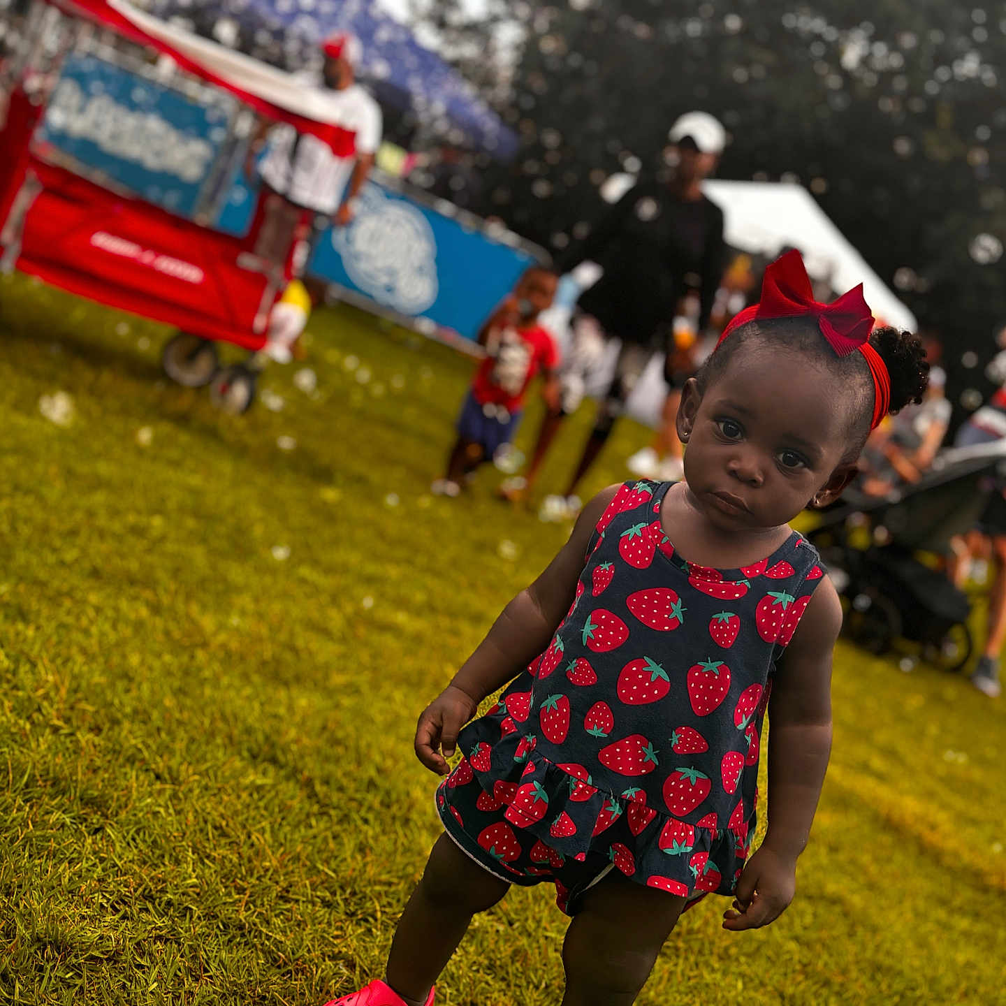 Caleigh joined the competition — help win amazing prizes! bubbles, casual, child, cute, daytime, dress, event, family, footwear, fun, grass, headband, outdoor, park, people, person, red_bow, strawberry_pattern, summer, toddler