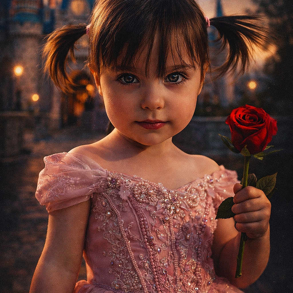 Manon a rejoint le concours — aidez-le/la à gagner de superbes lots ! background, beaded_dress, castle, child, evening, face, fairy_tale, flower, flower_stem, girl, lighting, outdoor, person, pigtails, pink_dress, portrait, princess_dress, rose, serious_expression, young_child