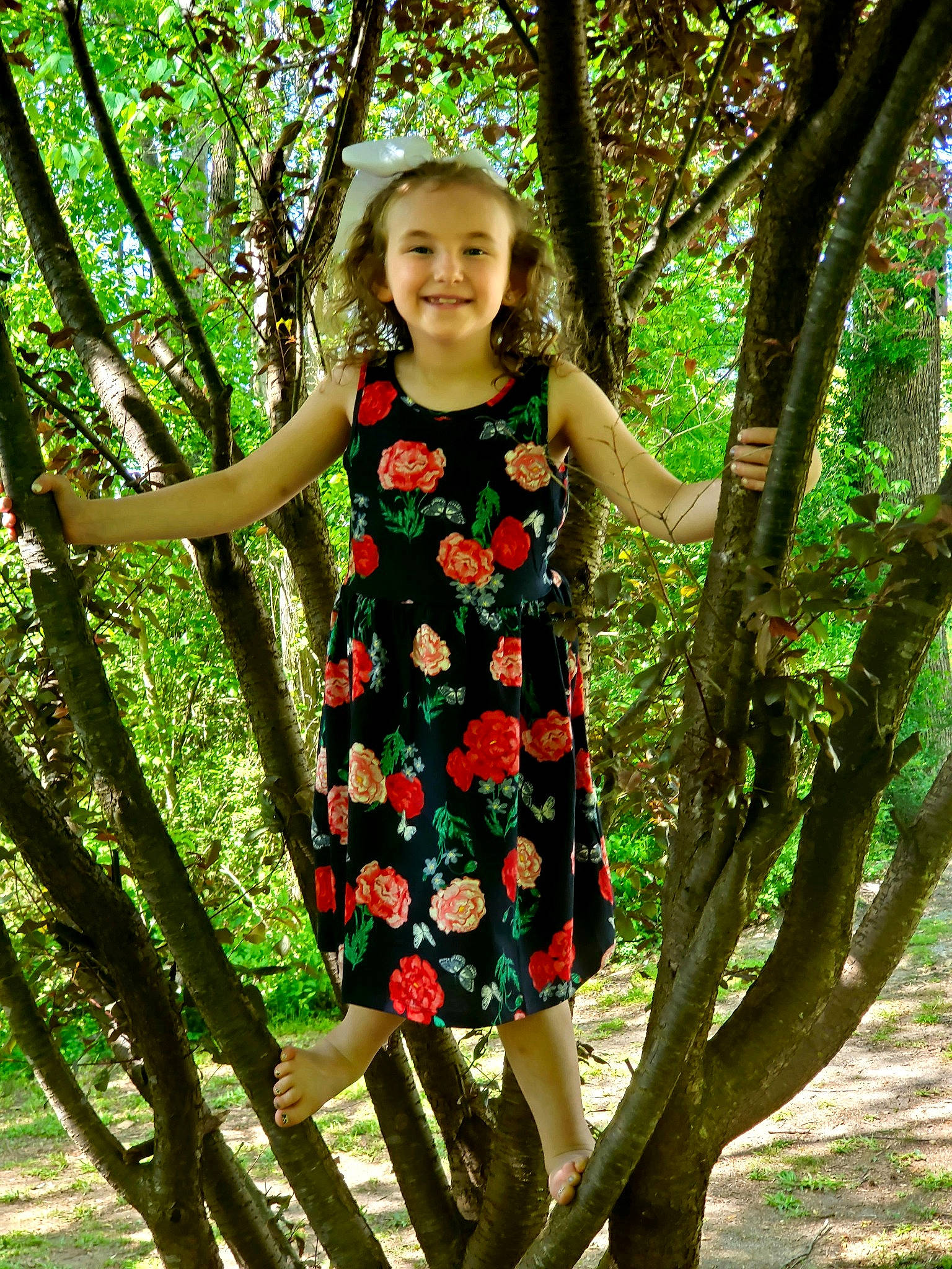 Raven is registered to the contest to win money with this photo: botany, branch, child, clothing, day_dress, dress, fawn, green, joy, leaf, pattern, person, plant, spring, tree