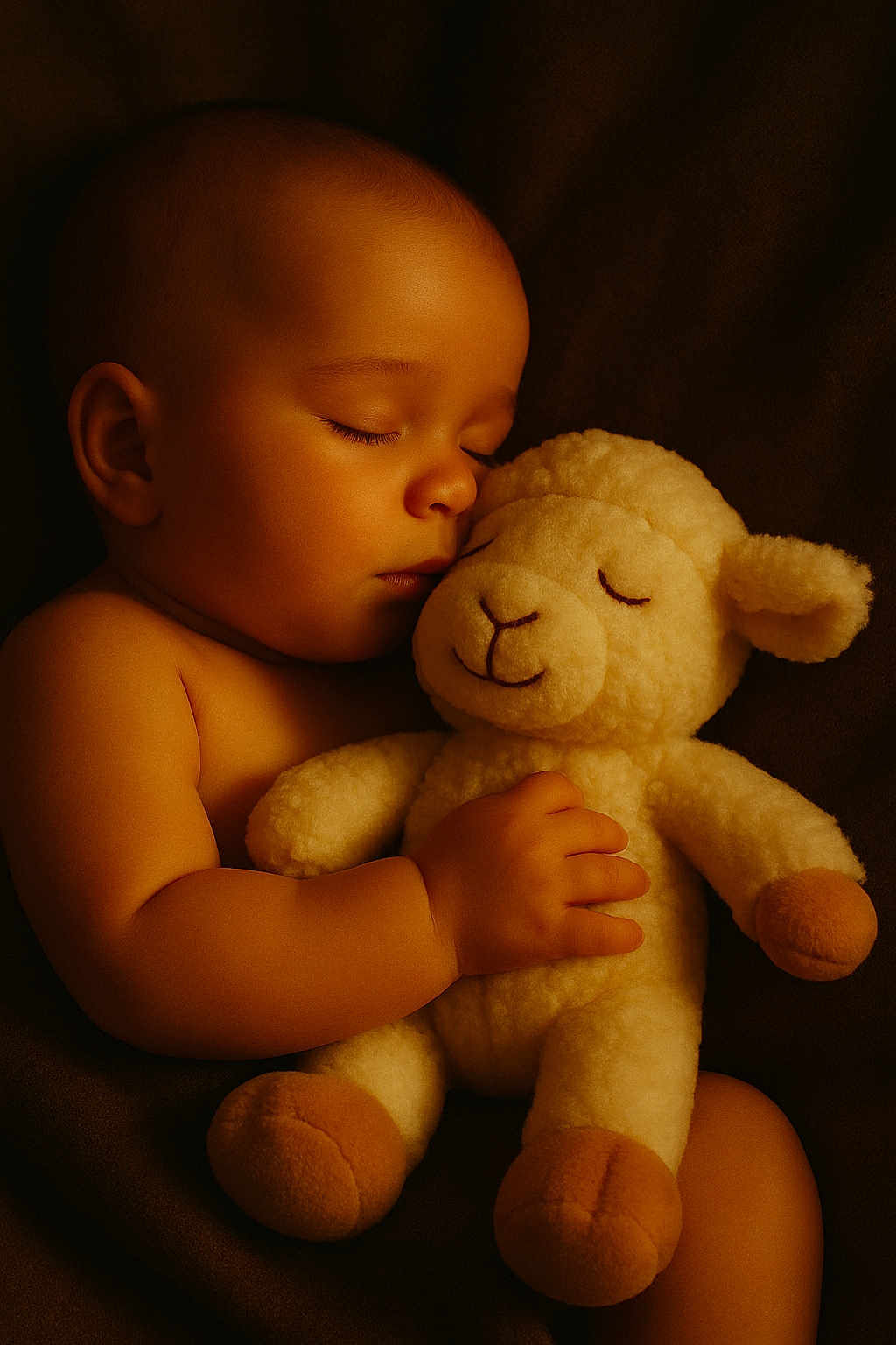 Ella a rejoint le concours — aidez-le/la à gagner de superbes lots ! baby, sleeping, stuffed_toy, lamb, plush, child, peaceful, cozy, soft, cute, infant, toddler, hand, face, closed_eyes, skin, warm_lighting, brown_background, cuddle, comfort