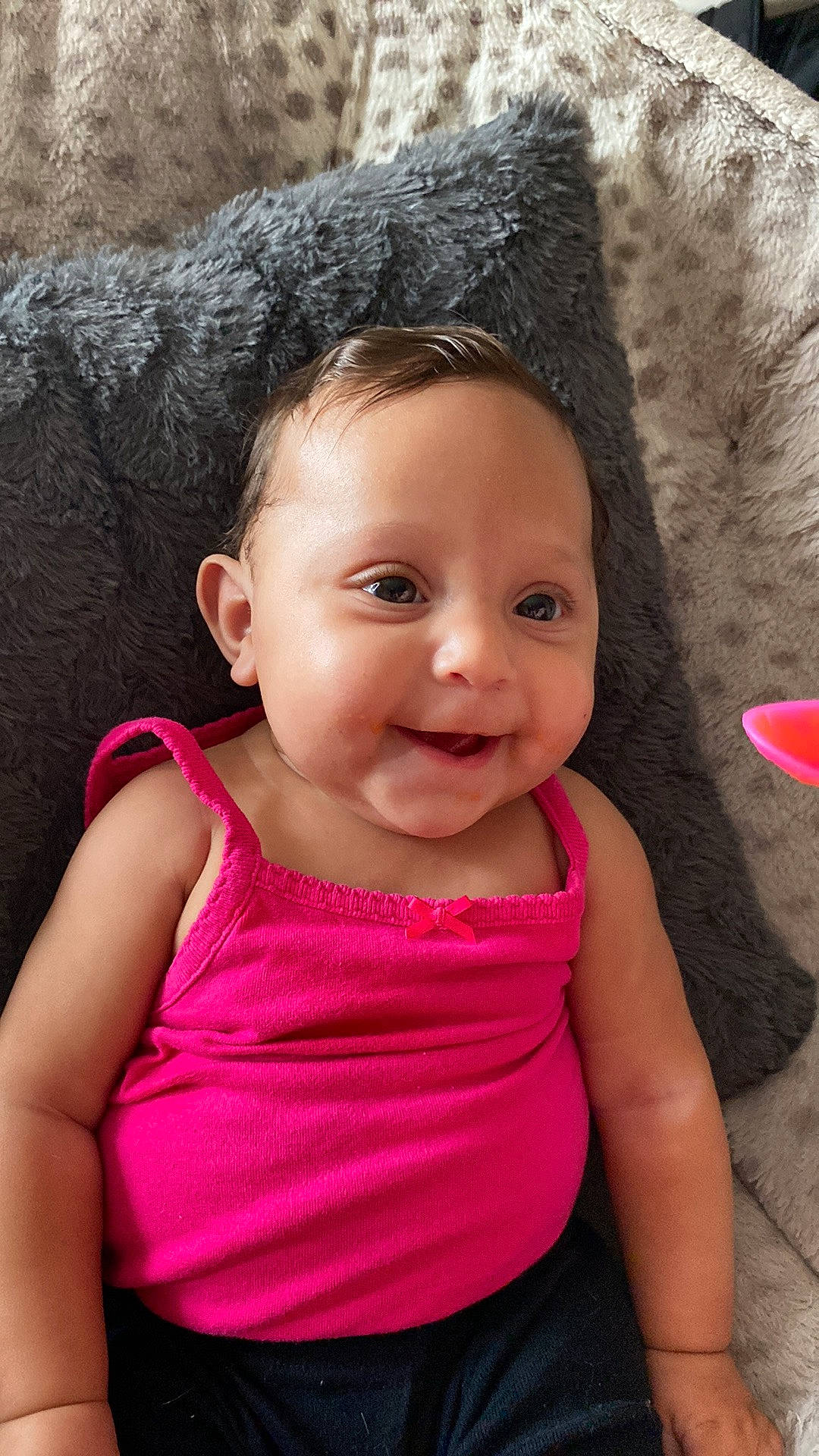 Syrah is registered to the contest to win money with this photo: active_tank, cheek, chin, eye, eyebrow, eyelash, face, hair, hairstyle, happy, head, joy, lip, mouth, neck, nose, organ, person, pink, skin