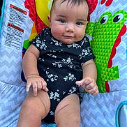 Zeldalyn joined the competition — help win amazing prizes! baby, infant, child, onesie, black_clothing, floral_pattern, play_mat, colorful, cartoon_animal, frog, yellow_bird, cheeks, expression, sitting, hand, legs, skin, indoor, portrait, cute