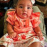 Zeldalyn joined the competition — help win amazing prizes! baby, child, infant, headband, bow, coral_clothing, floral_skirt, sitting, indoors, person, cute, chubby_cheeks, curious_expression, furniture, pet_carrier, table, background, legs, hands, portrait