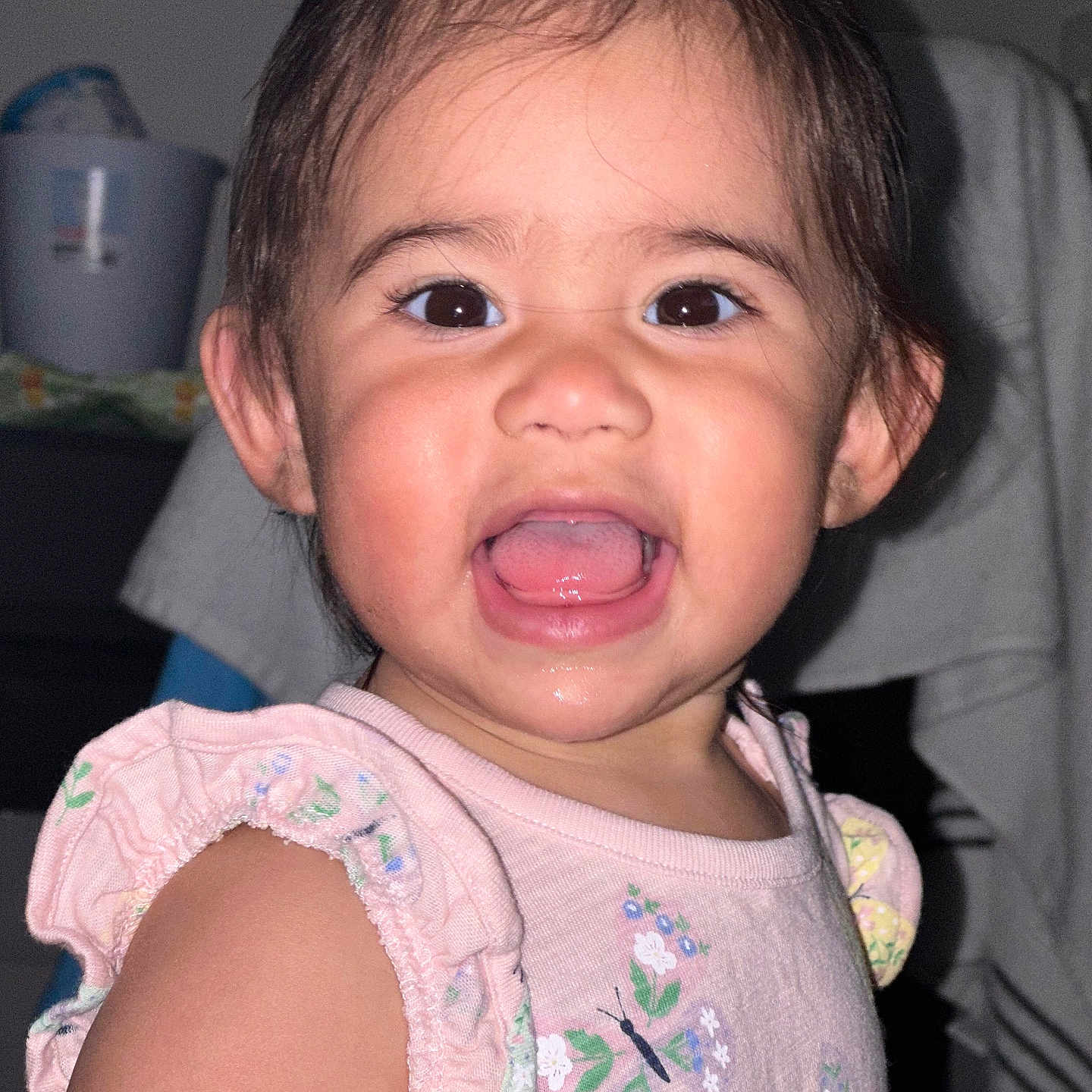 Isabella is registered to the contest to win money with this photo: baby, babylaughing, bodypart, clothing, dress, face, frown, happy, head, laughing, mouth, person, photography, portrait, sad, selfie, smile, t_shirt, teeth, tongue