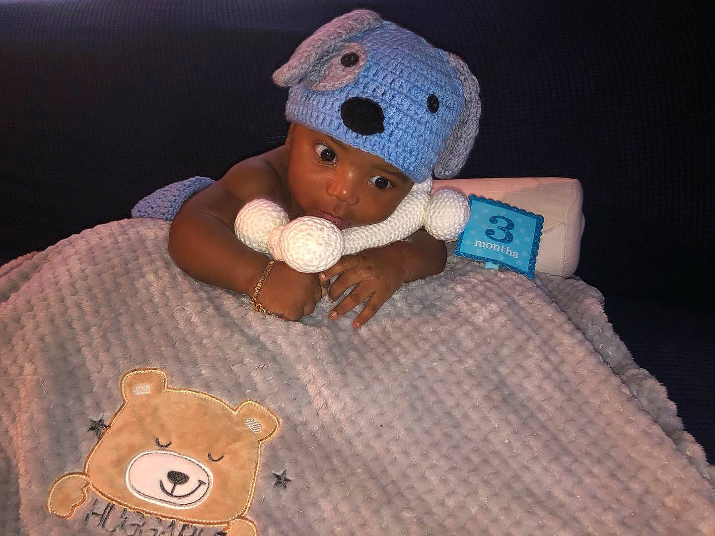 Nasir joined the competition — help win amazing prizes! baby, beanie, cap, child, crochet, headgear, headwear, knit_cap, person, plush, stuffed_toy, teddy_bear, textile, toy